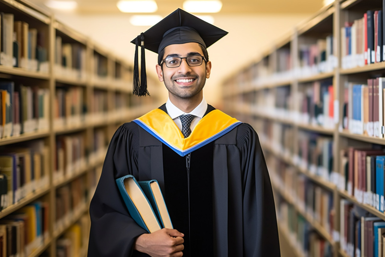 Indian male graduate student working on blurred background