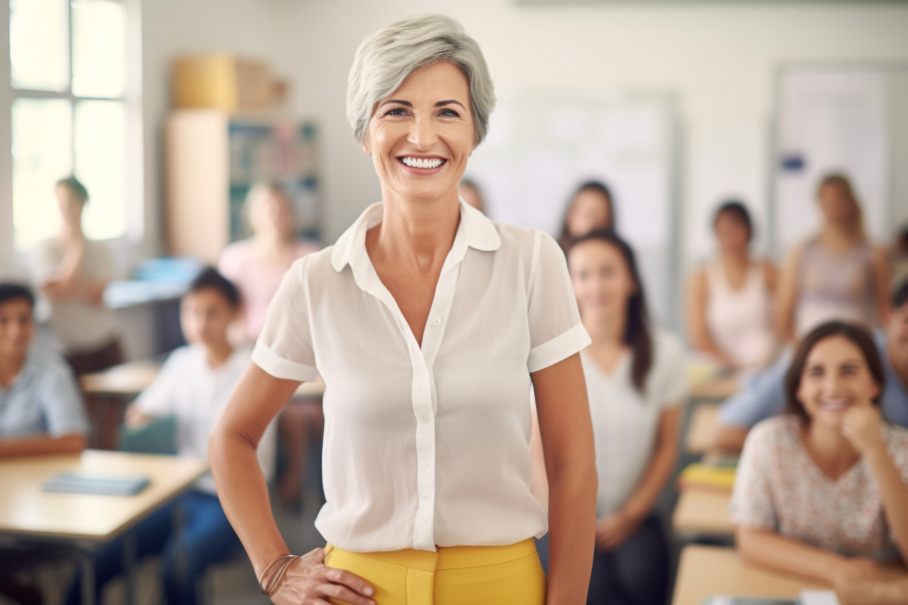 Smiling female teacher in classroom