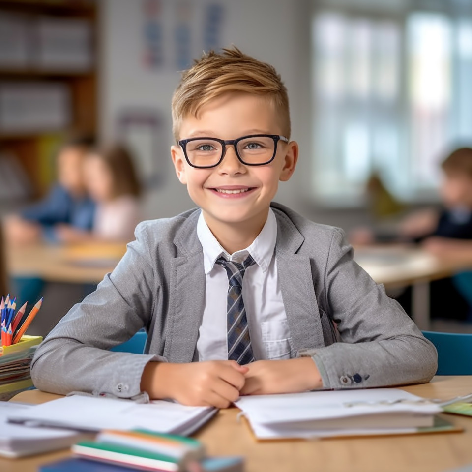Smiling elementary school boy working
