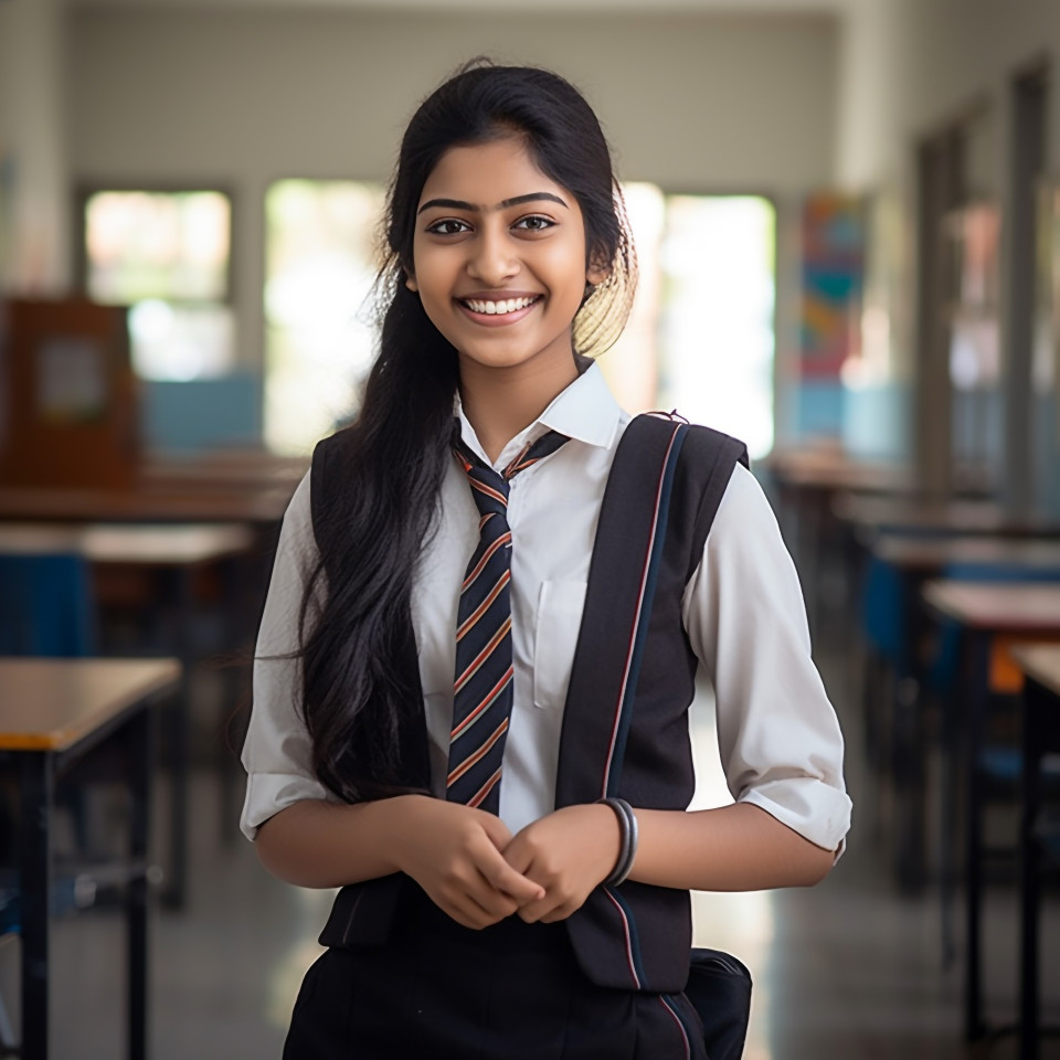 Smiling indian high school girl working on blurred background