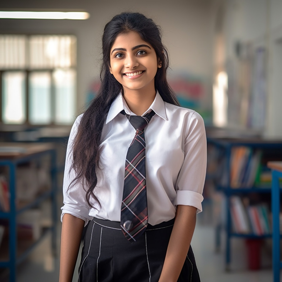 Smiling indian high school girl working on blurred background