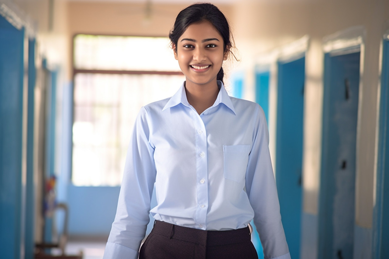 Indian female high school student working with a smile
