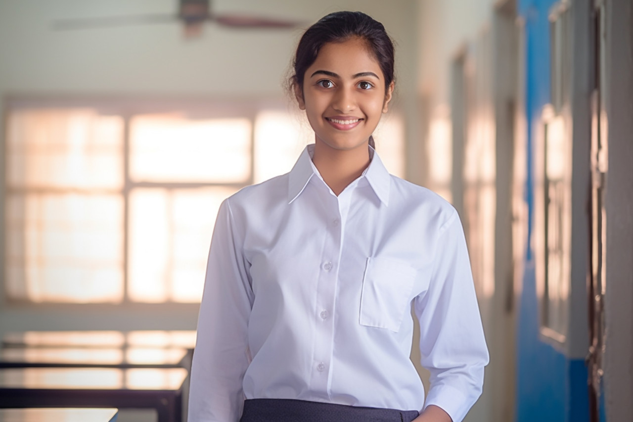 Indian female high school student working with a smile