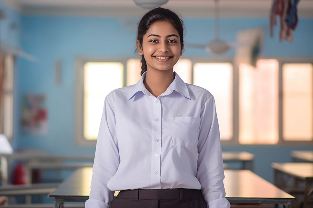 Indian female high school student working with a smile