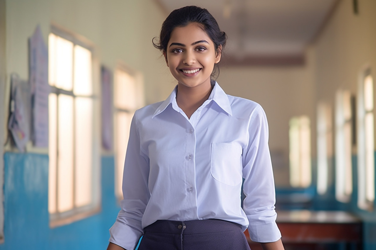 Indian female high school student working with a smile