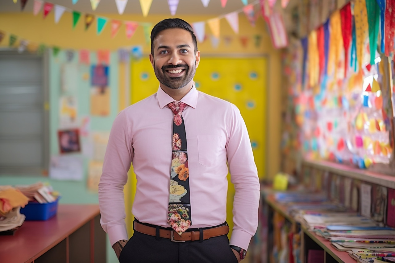 Indian male kindergarten teacher smiling at work