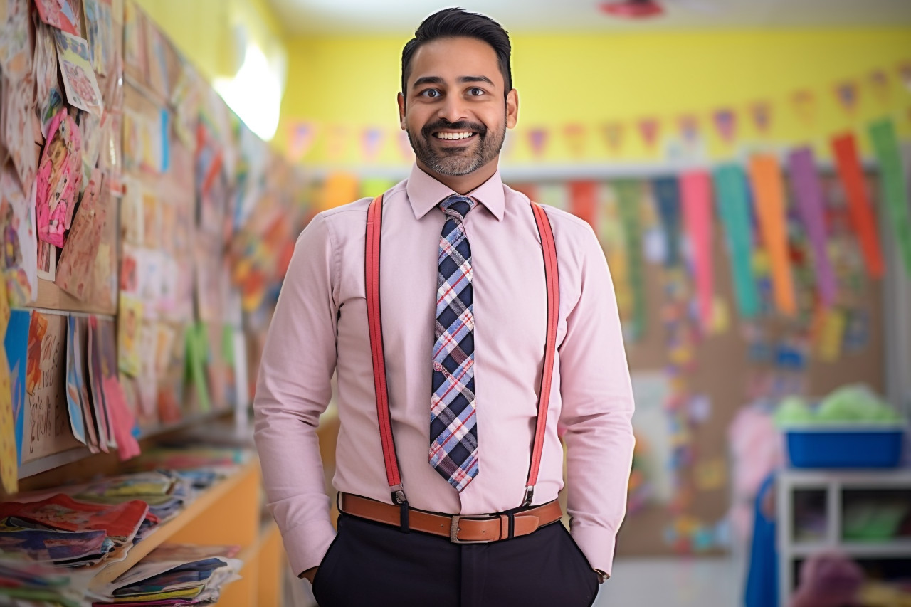 Indian male kindergarten teacher smiling at work