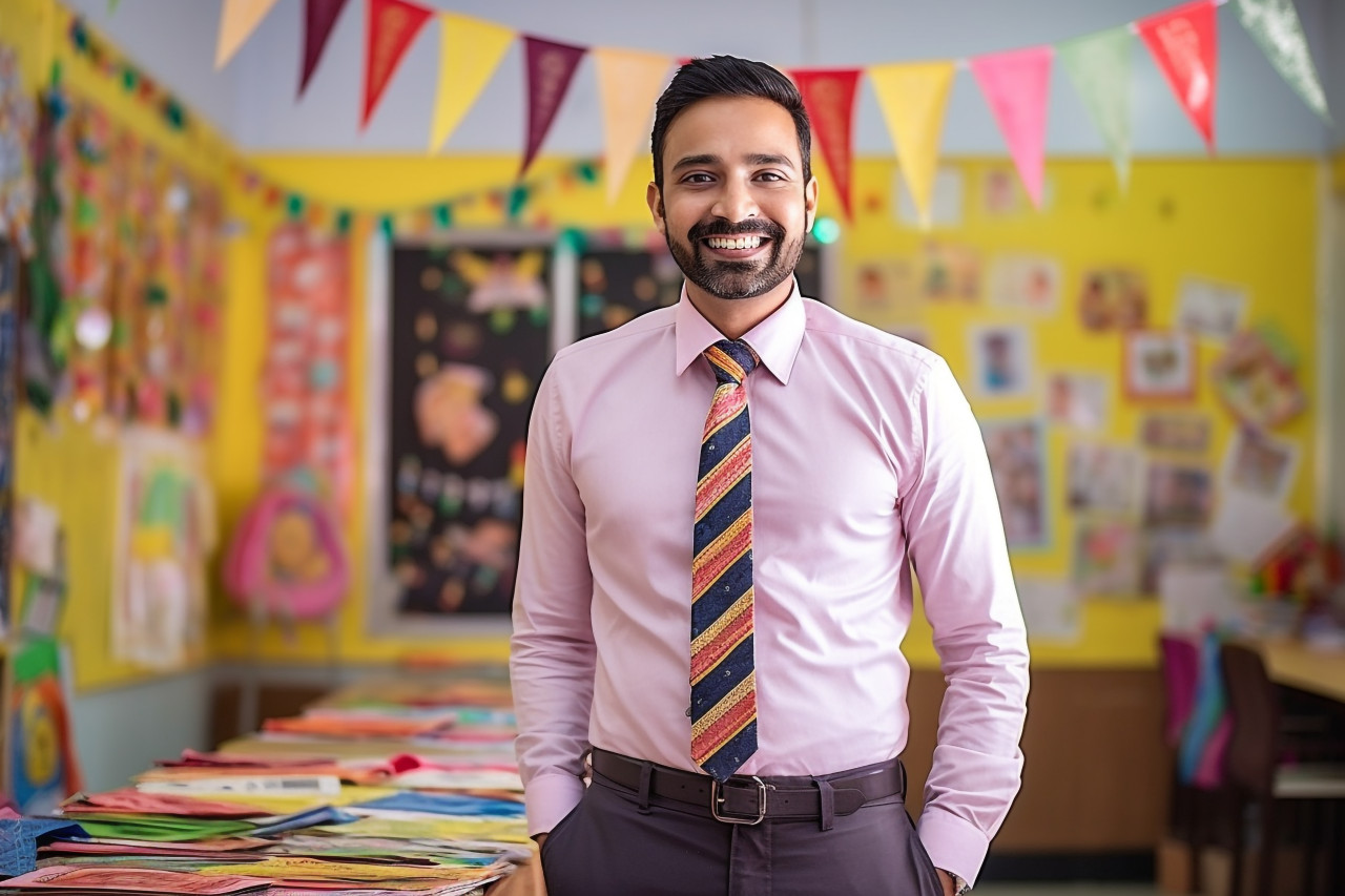 Indian male kindergarten teacher smiling at work