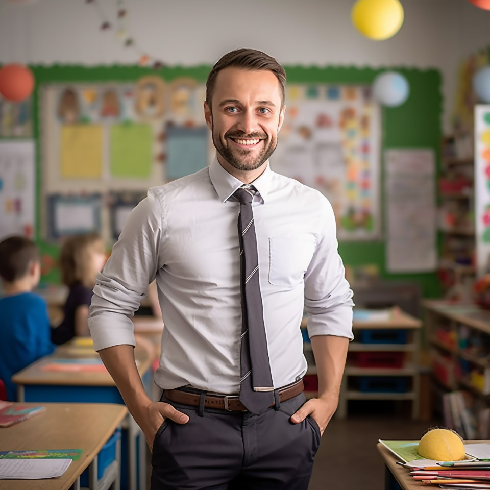 Happy male preschool teacher working with blurred background