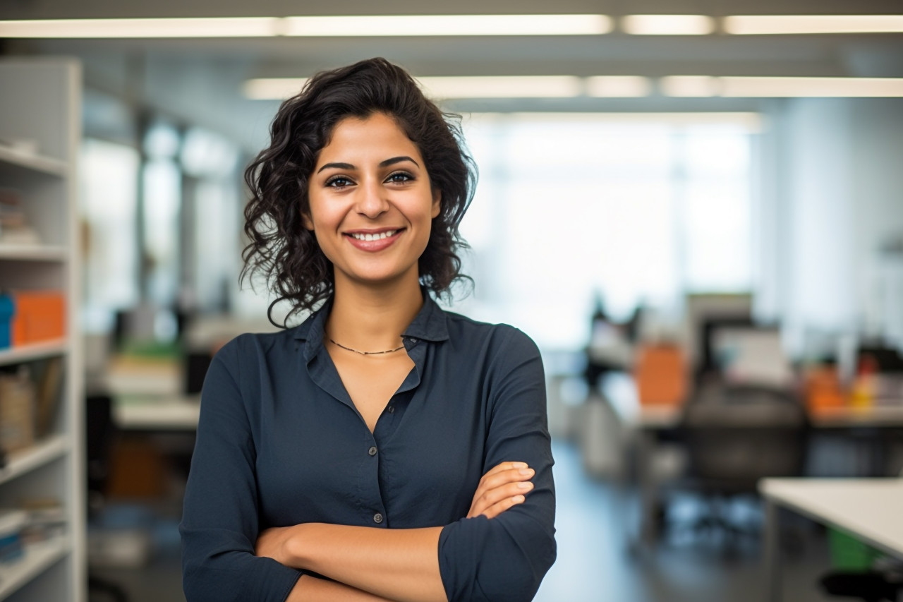 Happy international student working on blurred background