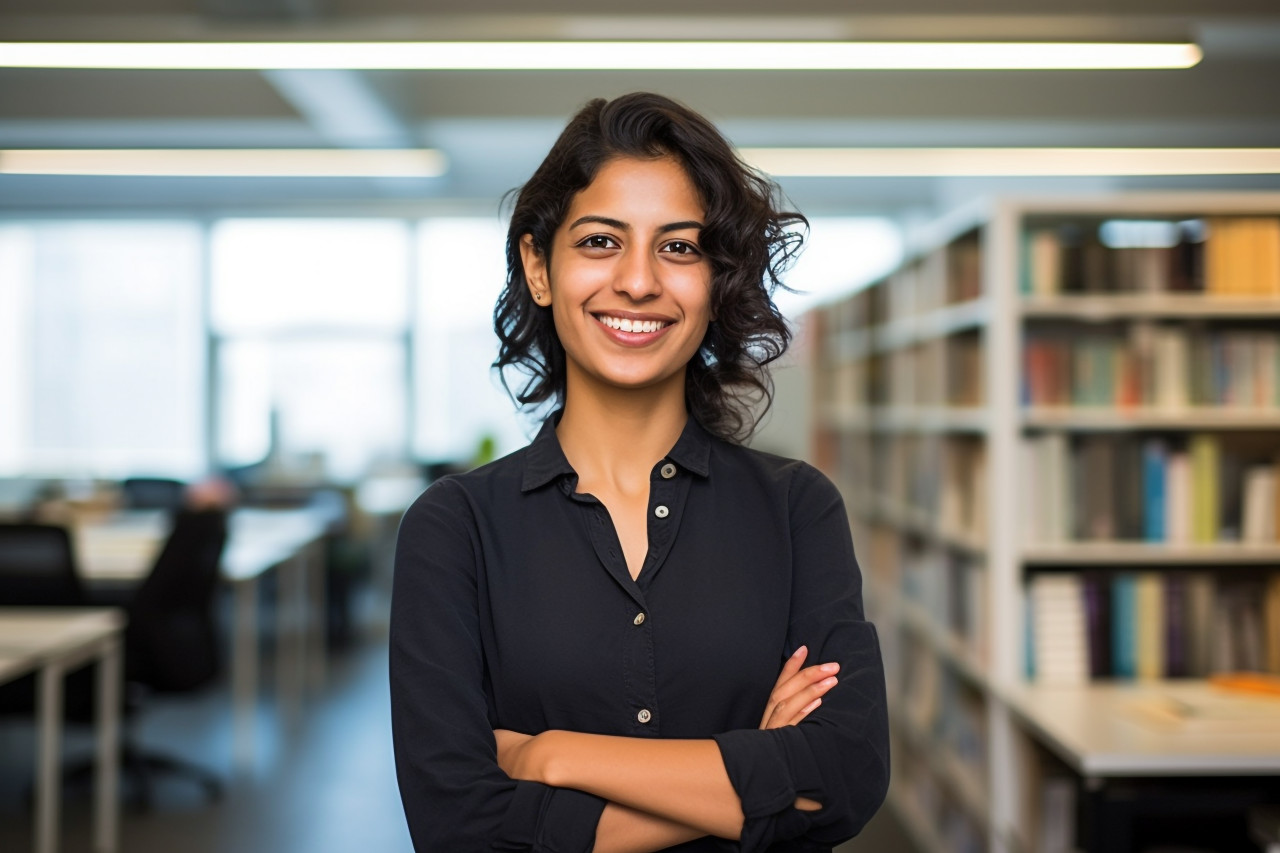 Happy international student working on blurred background