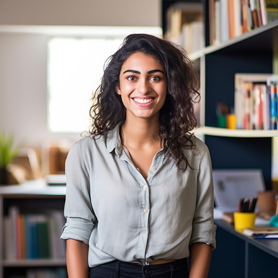 Happy international student working on blurred background