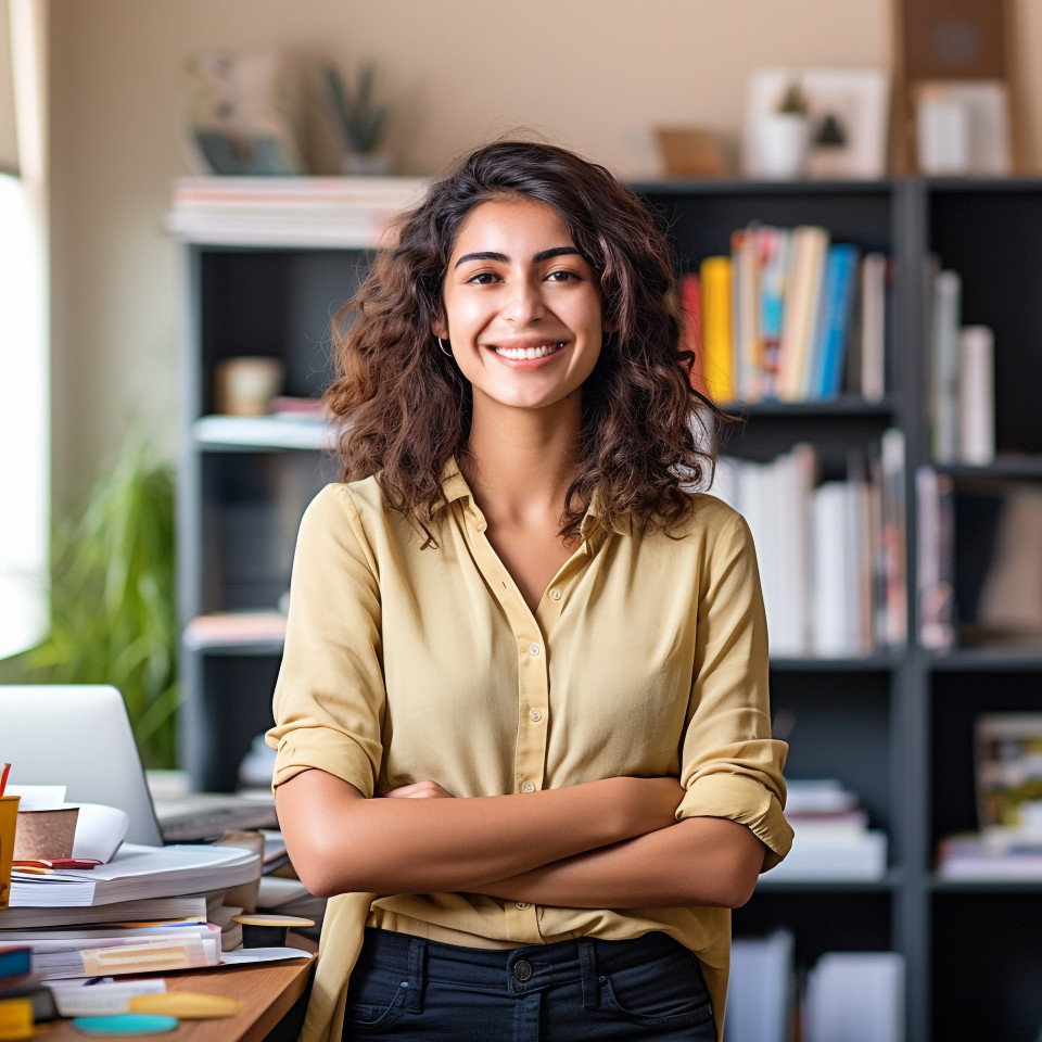 Happy international student working on blurred background
