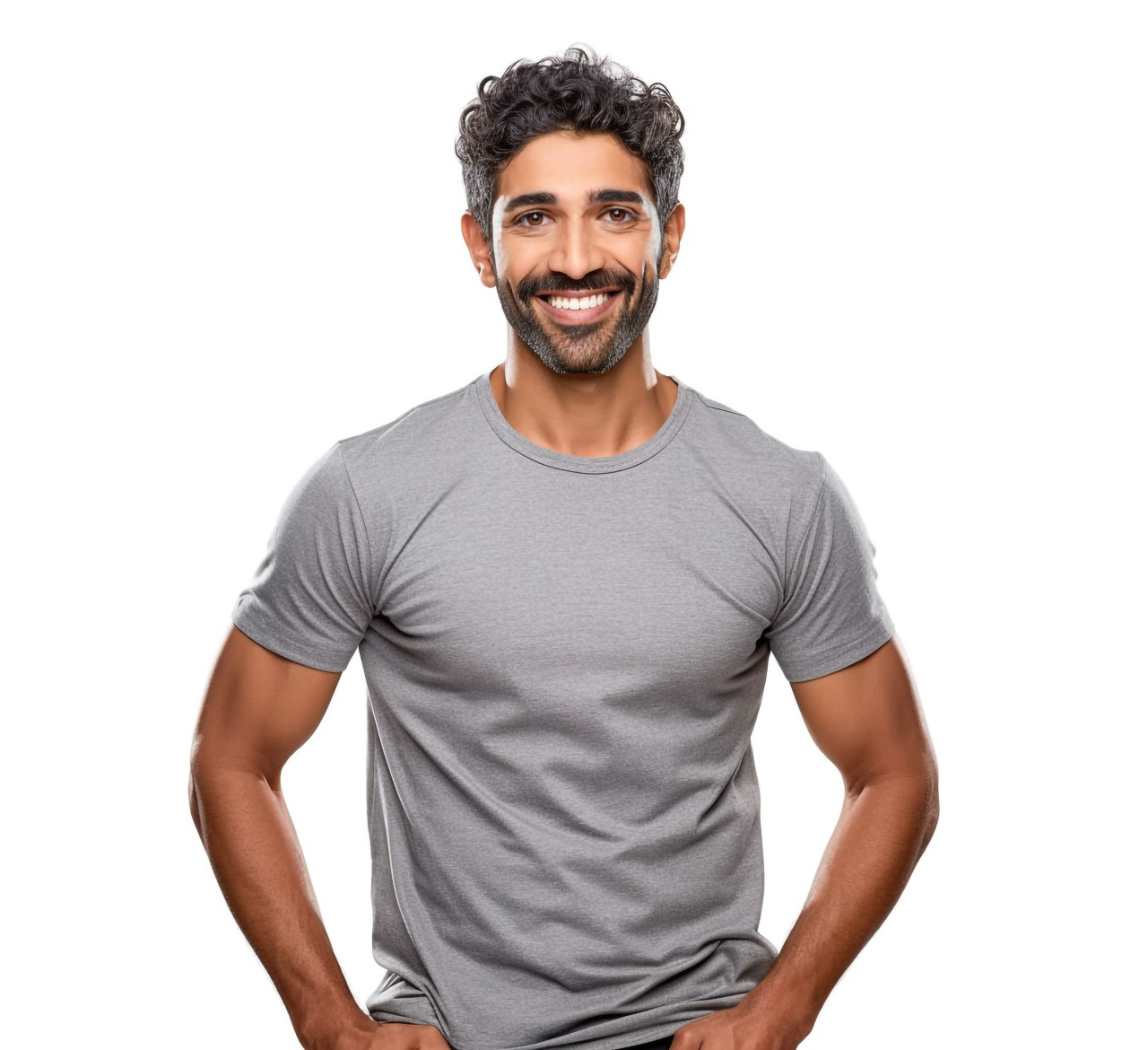 Indian male pe teacher smiling on white background