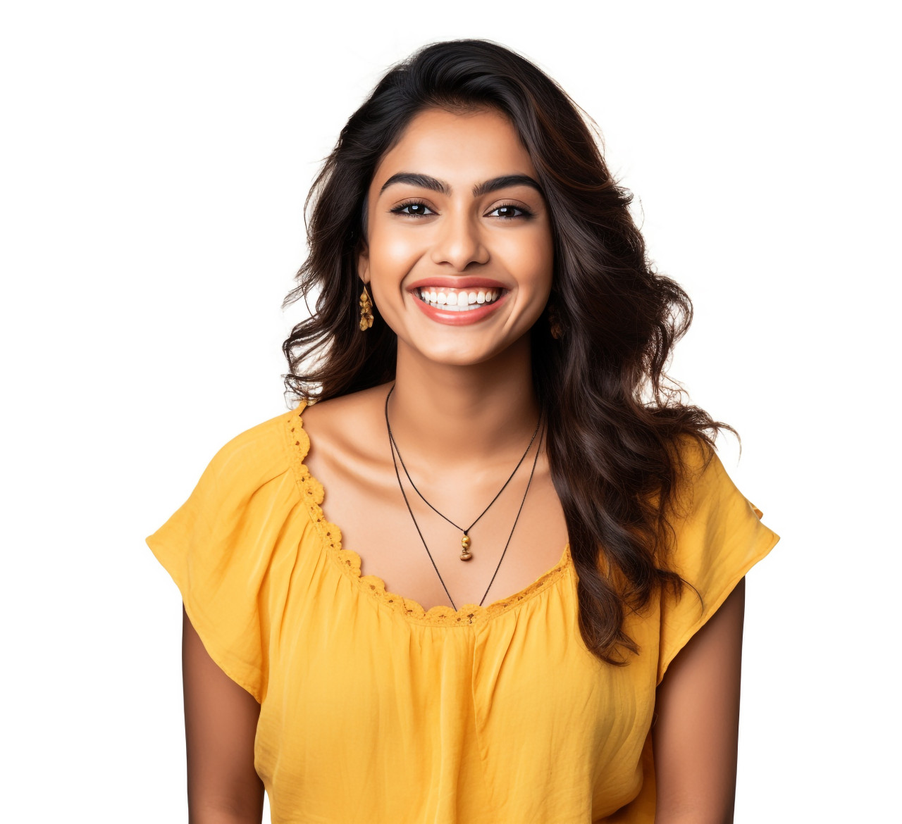 Indian female international student smiling on white background