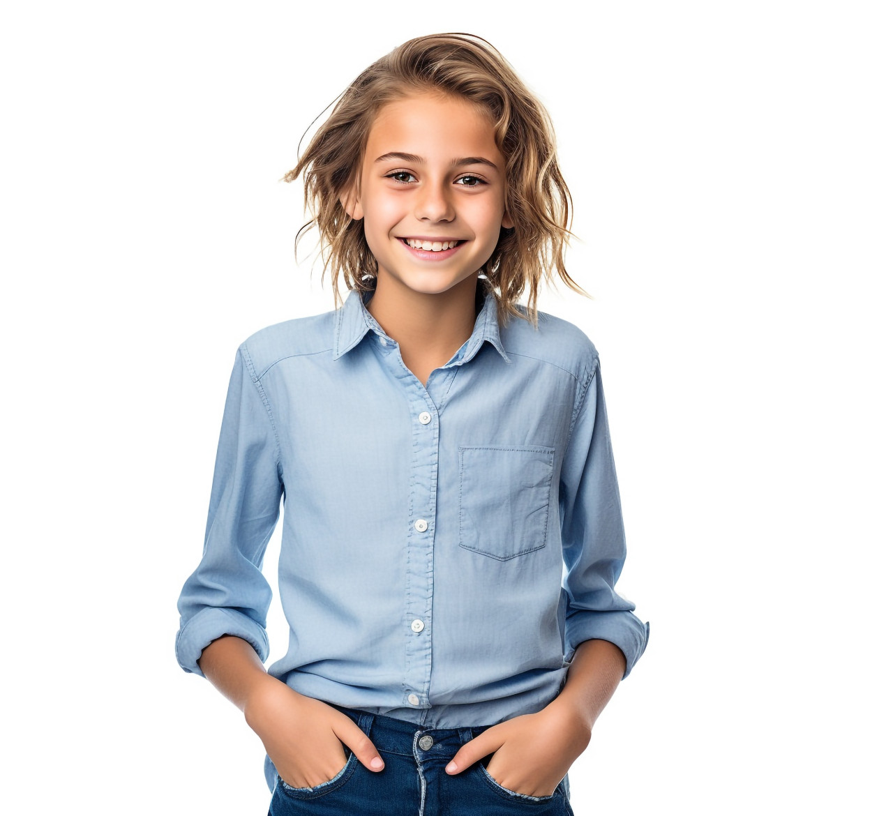 Friendly middle school girl smiling on white