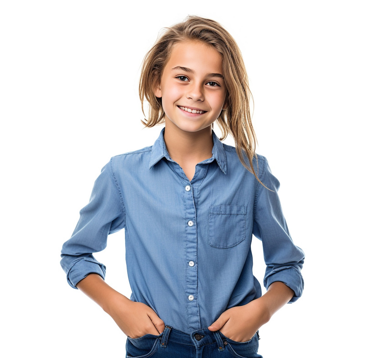 Friendly middle school girl smiling on white