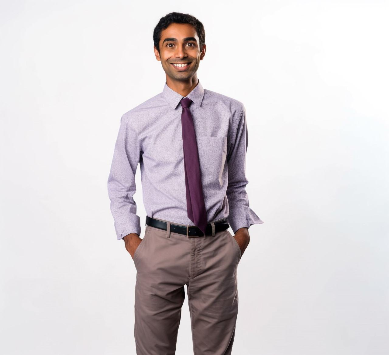Smiling indian male kindergarten teacher on white background
