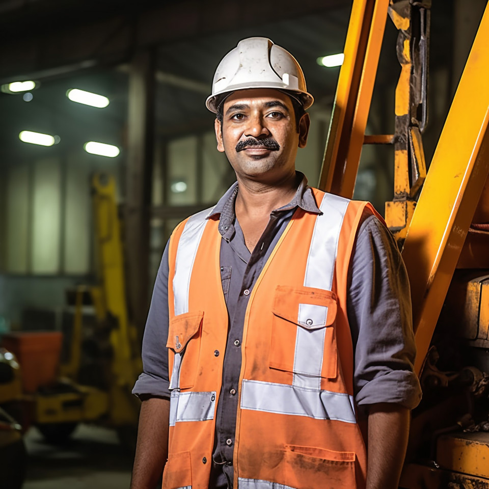 Skilled indian crane operator working with a focused expression a blurred background