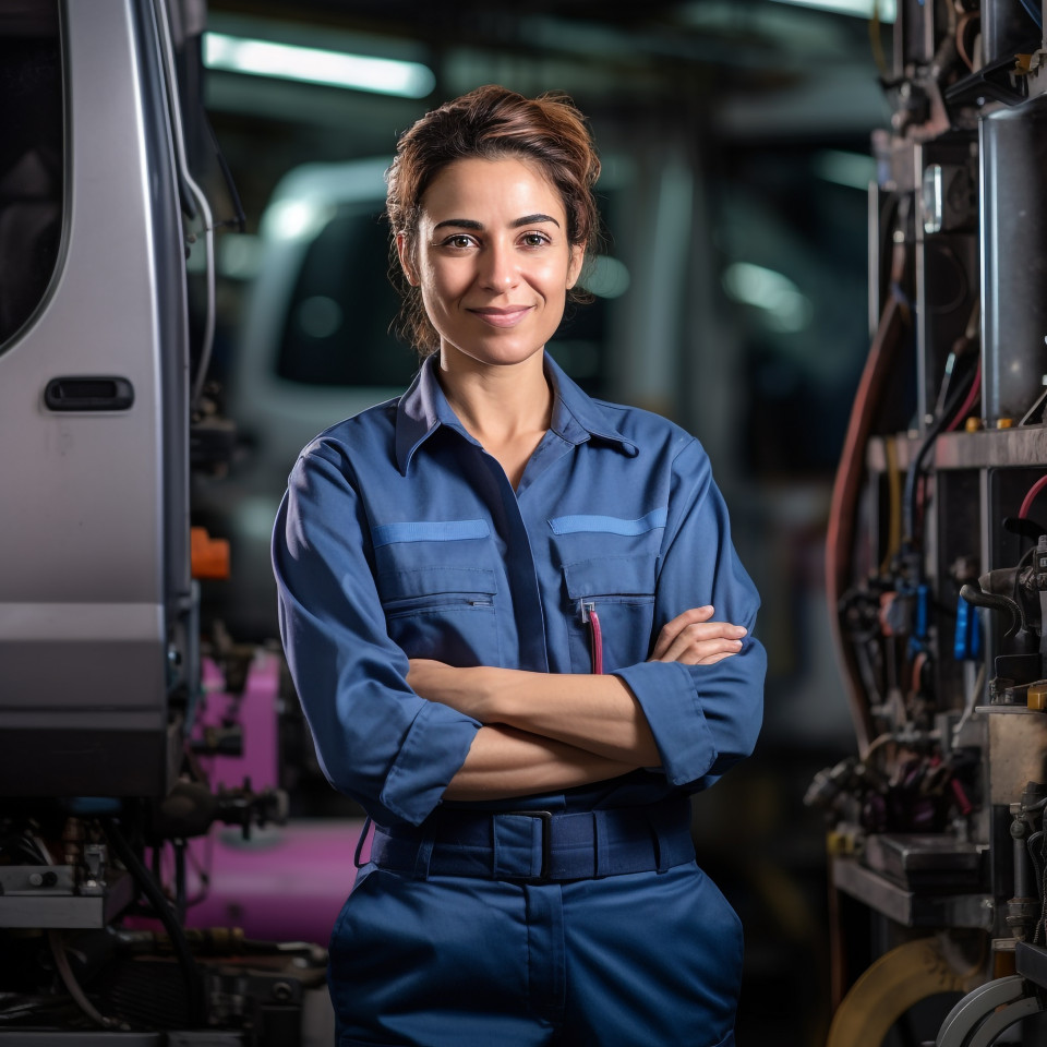 Skilled female bus mechanic repairing vehicle in workshop on blurred background