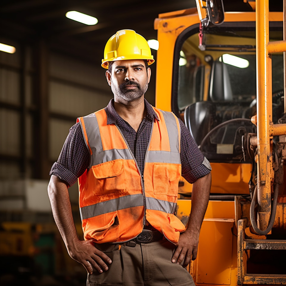 Skilled indian crane operator working with a focused expression a blurred background