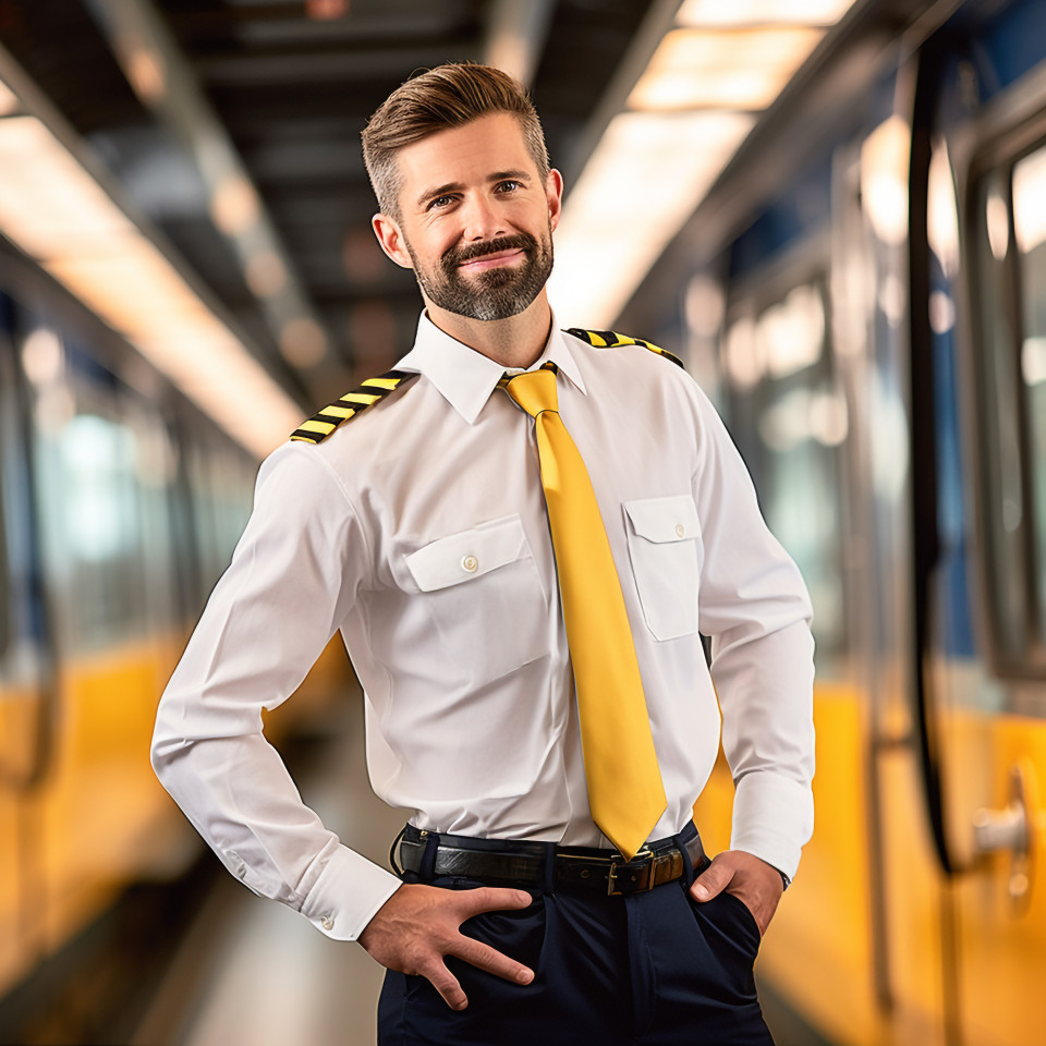 Assured train conductor focused on his duties against a blurred background