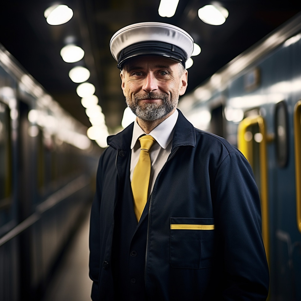 Assured train conductor focused on his duties against a blurred background