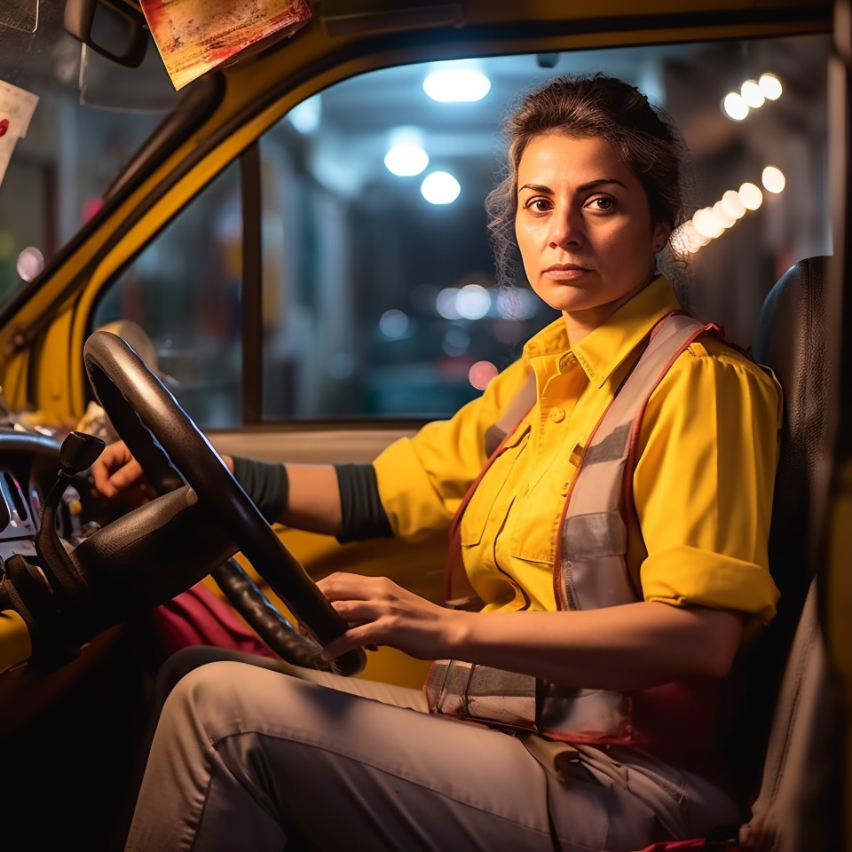 Smiling female cab driver focused on the road against a blurred background