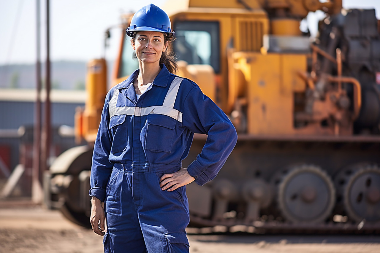 Skilled female train driver operates locomotive against a blurred background