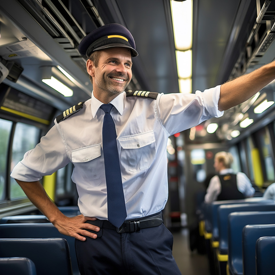 Assured train conductor focused on his duties against a blurred background
