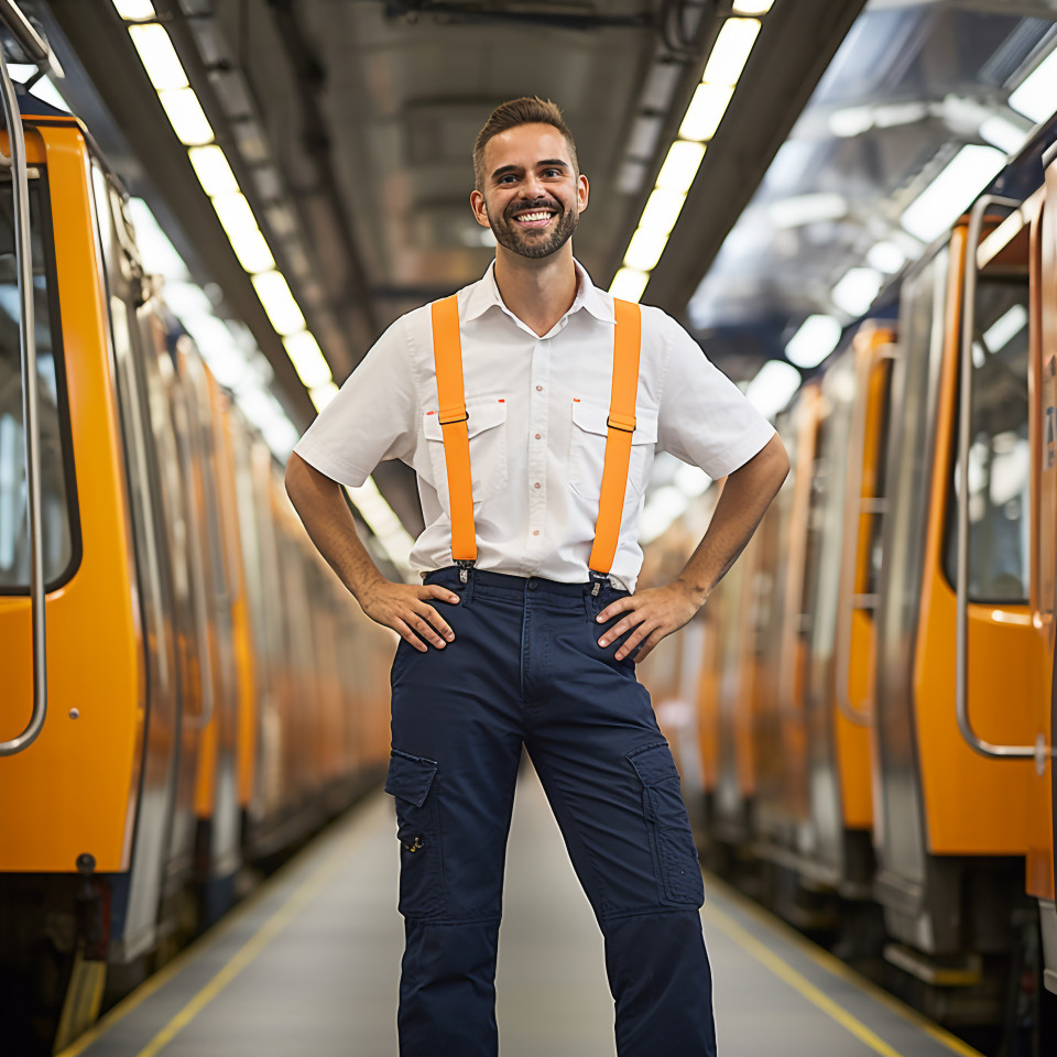 Assured train conductor focused on his duties against a blurred background