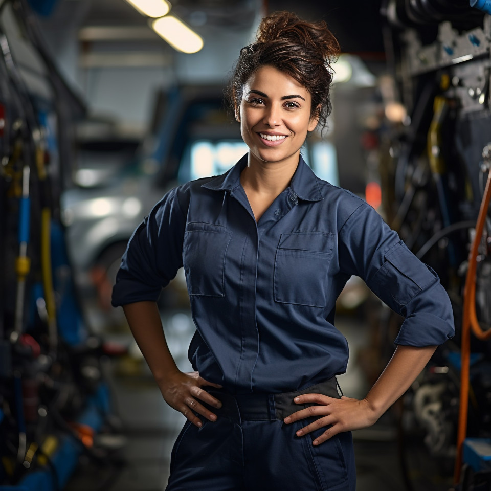 Skilled female bus mechanic repairing vehicle in workshop on blurred background