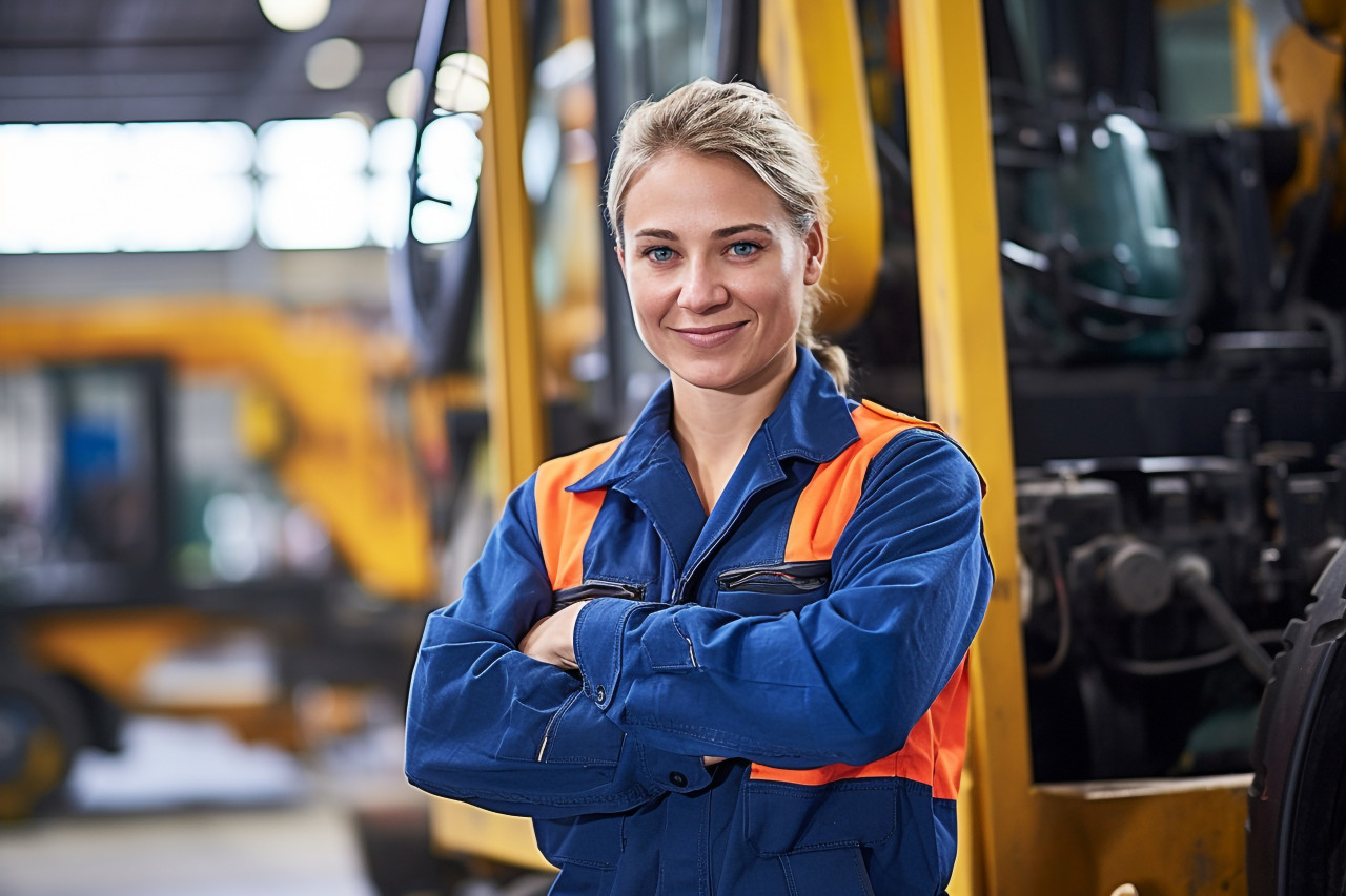 Skilled female train driver operates locomotive against a blurred background