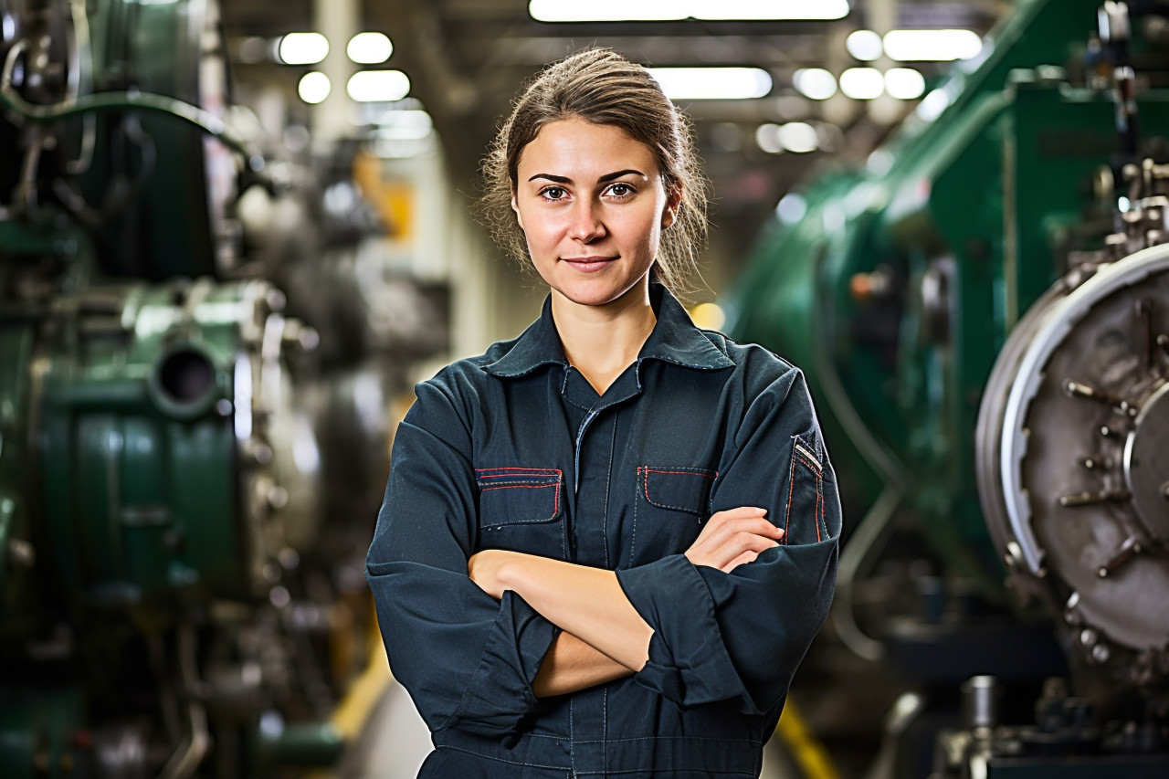 Skilled female train driver operates locomotive against a blurred background