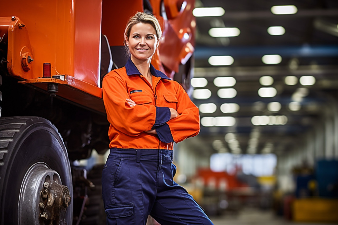 Skilled female train driver operates locomotive against a blurred background