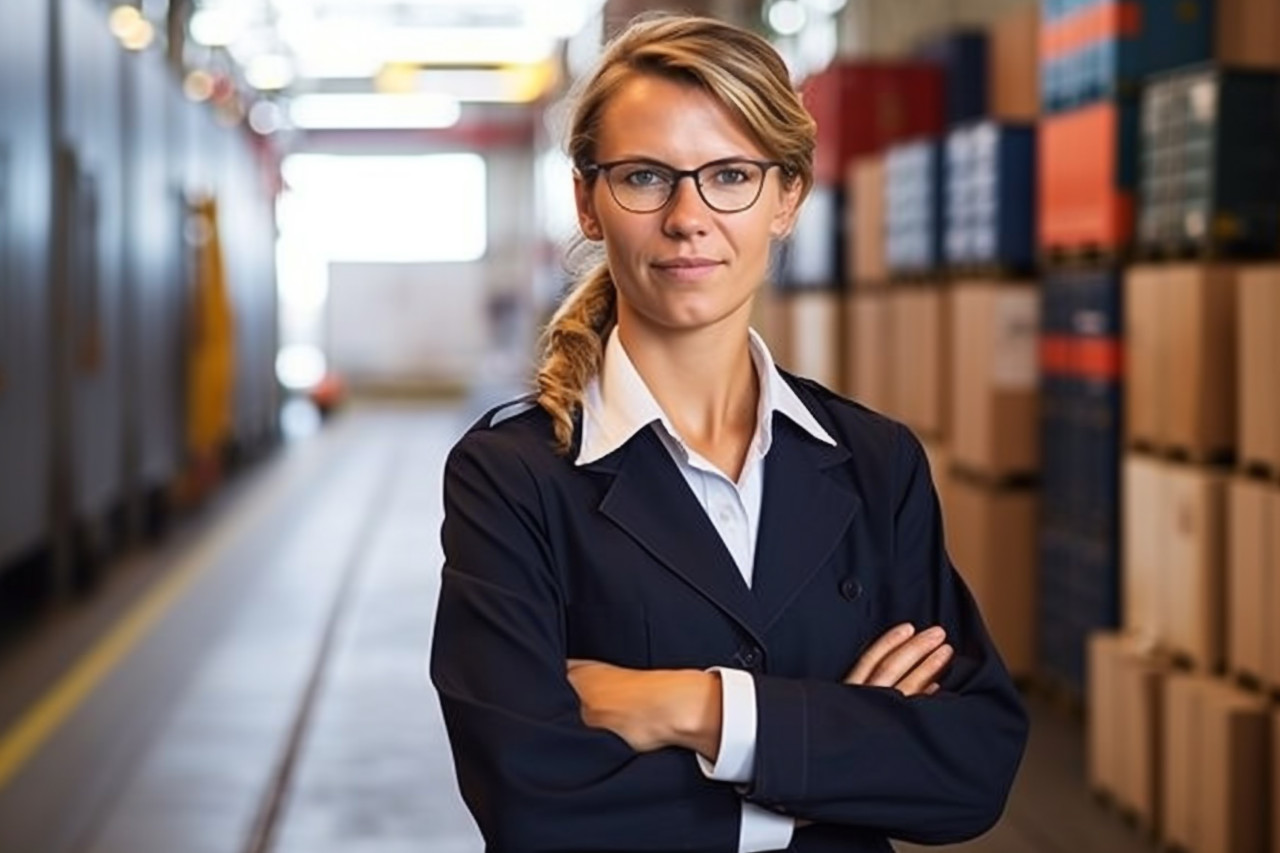 Empowered female ship captain diligently working against a blurred background