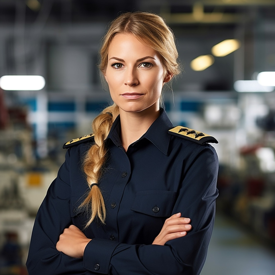 Empowered female ship captain diligently working against a blurred background