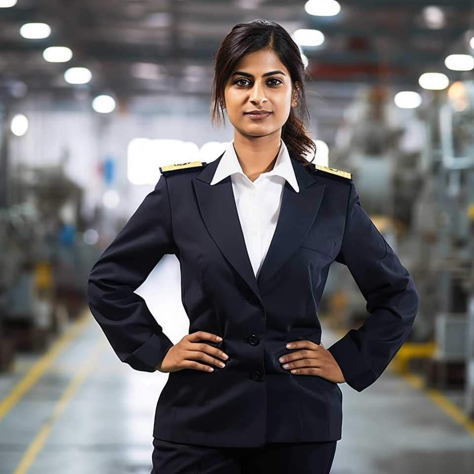 Dedicated indian female ship captain steering vessel on blurred background