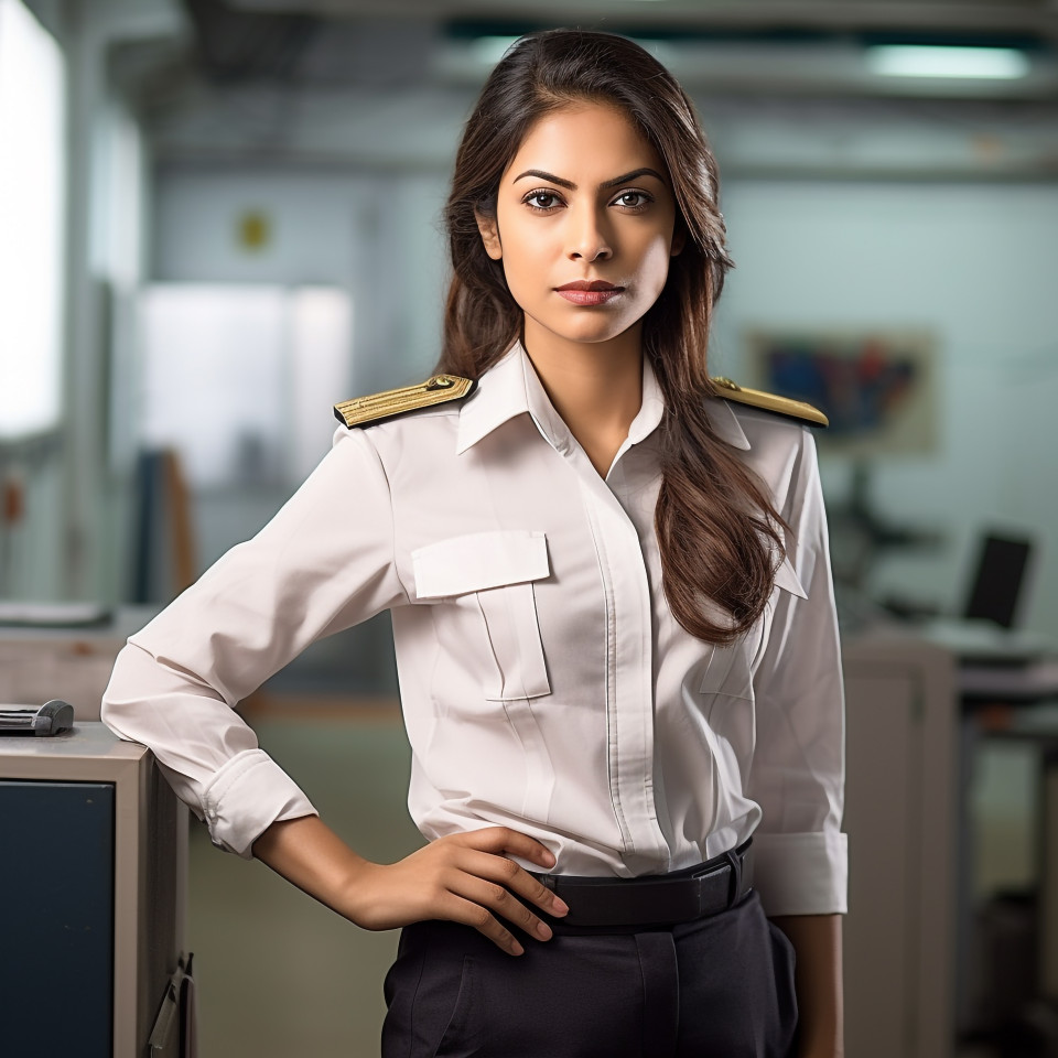Dedicated indian female ship captain steering vessel on blurred background