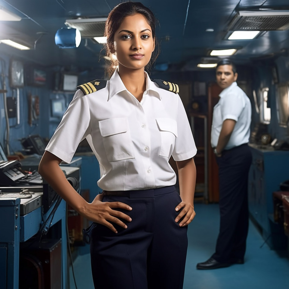 Dedicated indian female ship captain steering vessel on blurred background