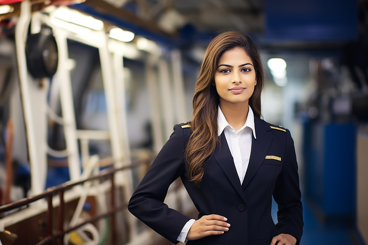 Dedicated indian female ship captain steering vessel on blurred background