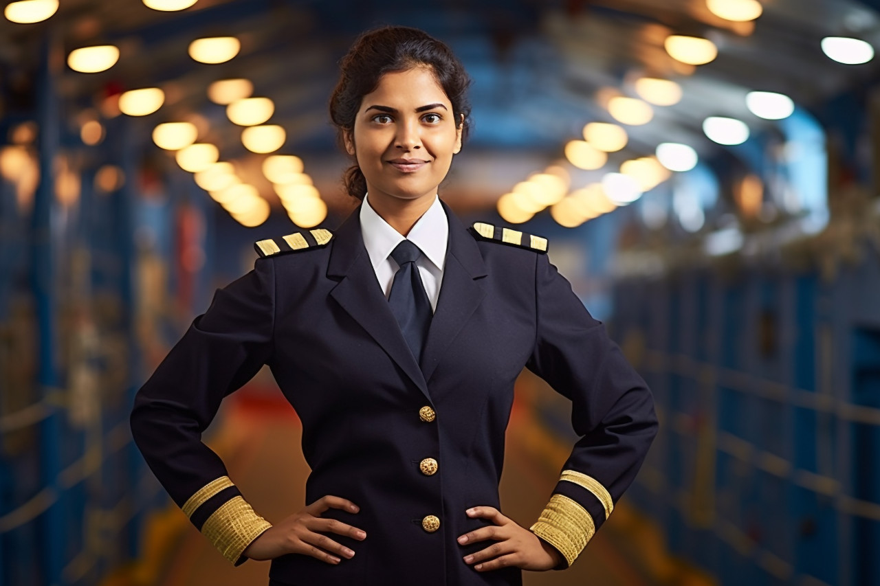 Dedicated indian female ship captain steering vessel on blurred background