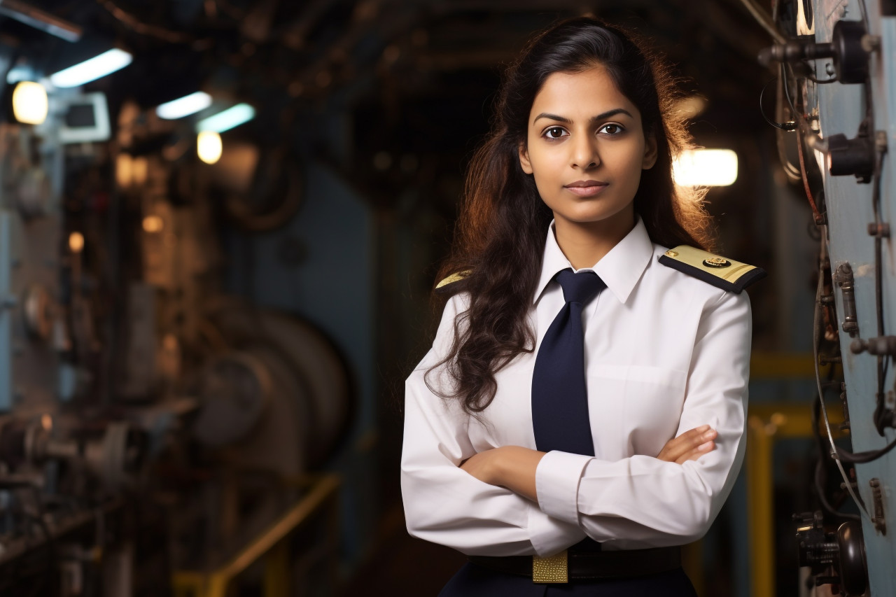 Dedicated indian female ship captain steering vessel on blurred background