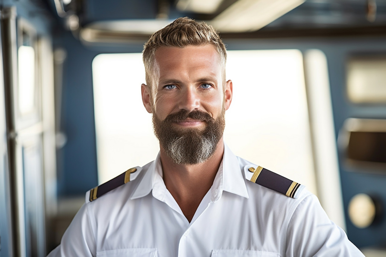 Experienced ship captain confidently navigates vessel against a on blurred background