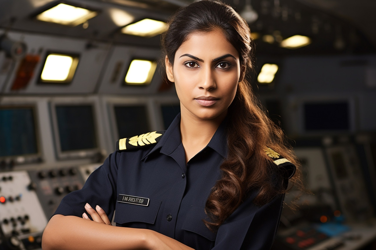 Dedicated indian female ship captain steering vessel on blurred background