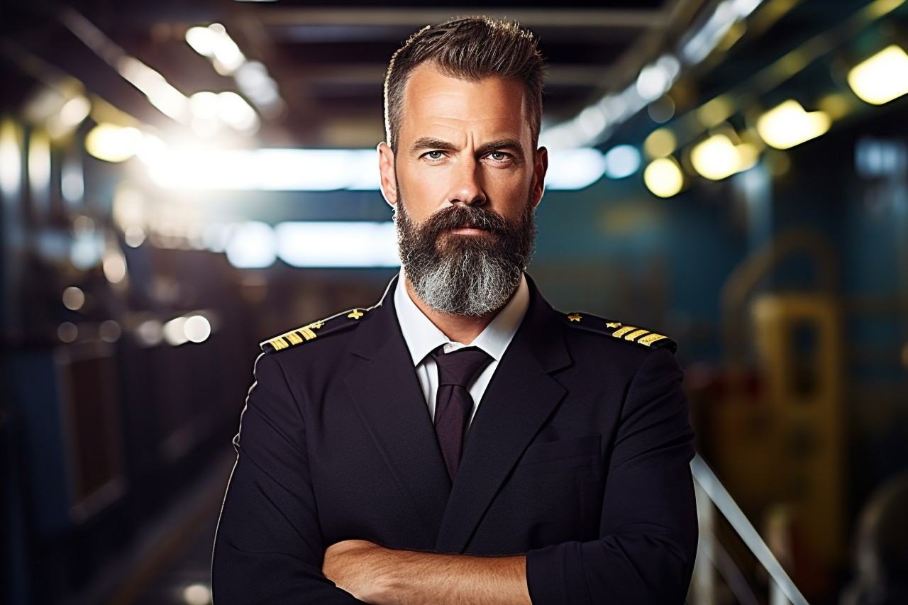 Experienced ship captain confidently navigates vessel against on blurred background