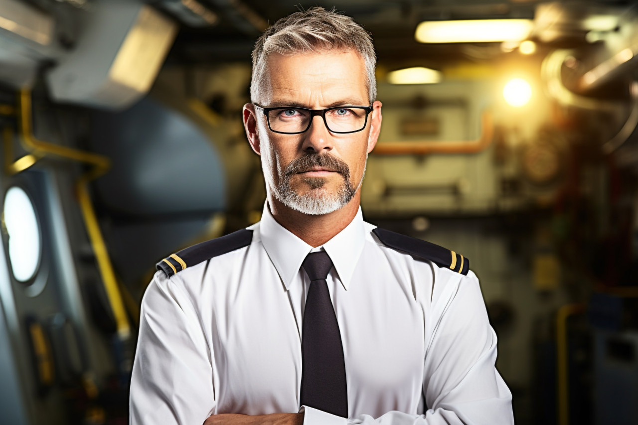 Experienced ship captain confidently navigates vessel against a on blurred background