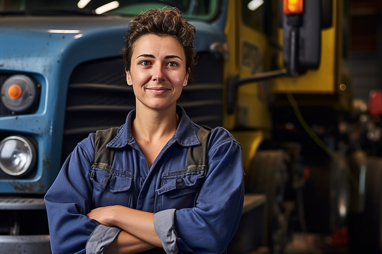Skilled female truck mechanic expertly repairs vehicle against a blurred background