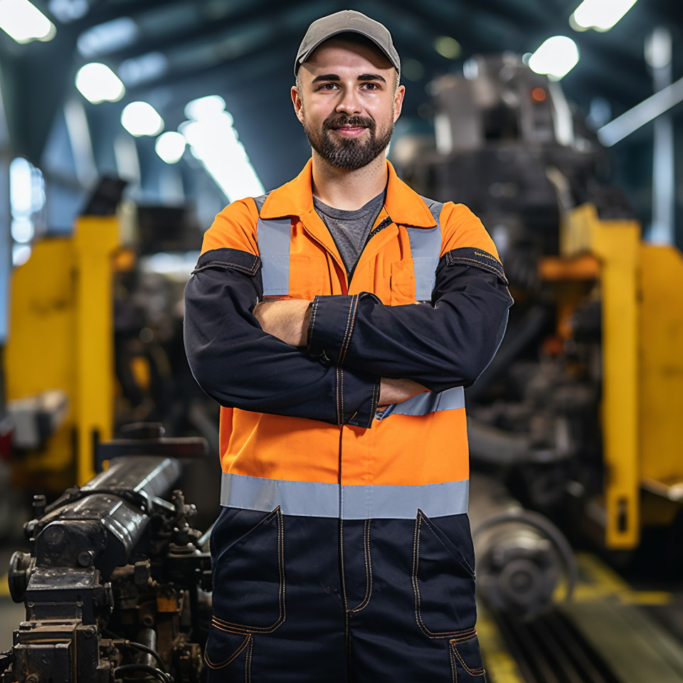Focused train driver working in a locomotive cab on a blurred background