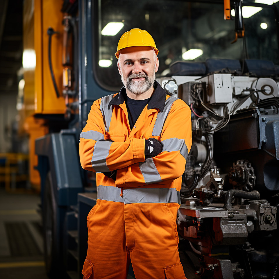 Focused train driver working in a locomotive cab on a blurred background
